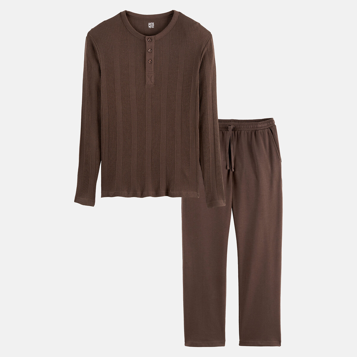 Pyjama 2 pièces, T-shirt manches longues en jersey et pantalon en molleton marron, LA REDOUTE COLLECTIONS