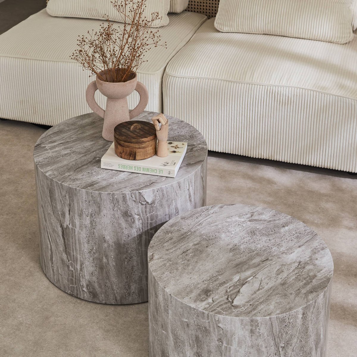 Set de 2 tables basses gigognes rondes effet marbre PAROS gris, SWEEEK
