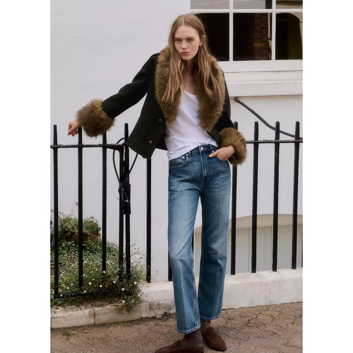 Jean droit taille haute bleu moyen, MANGO