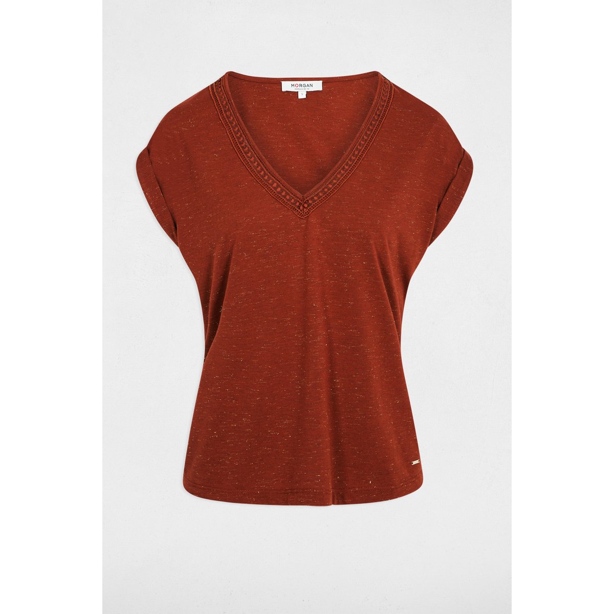 T-shirt brillant col v marron cognac, MORGAN