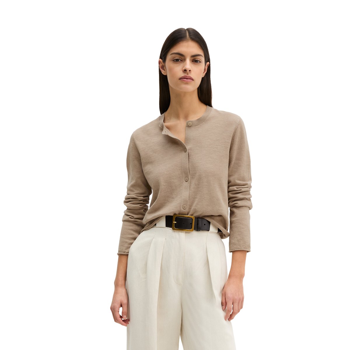 Slub-Cardigan regular en mélange coton organique-lin marron, MARC O'POLO
