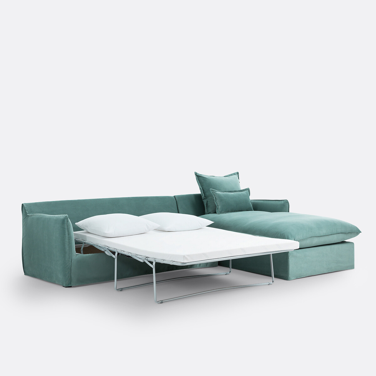 Canapé d'angle droit convertible, déhoussable, 4 places, en velours, ODNA bleu céladon, LA REDOUTE INTERIEURS