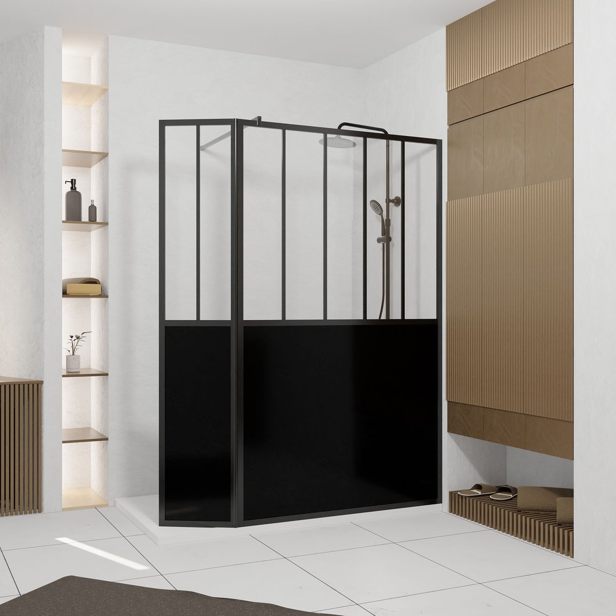Paroi de douche verrière avec volet pivotant en verre trempé 5 mm noir, HOME MAISON