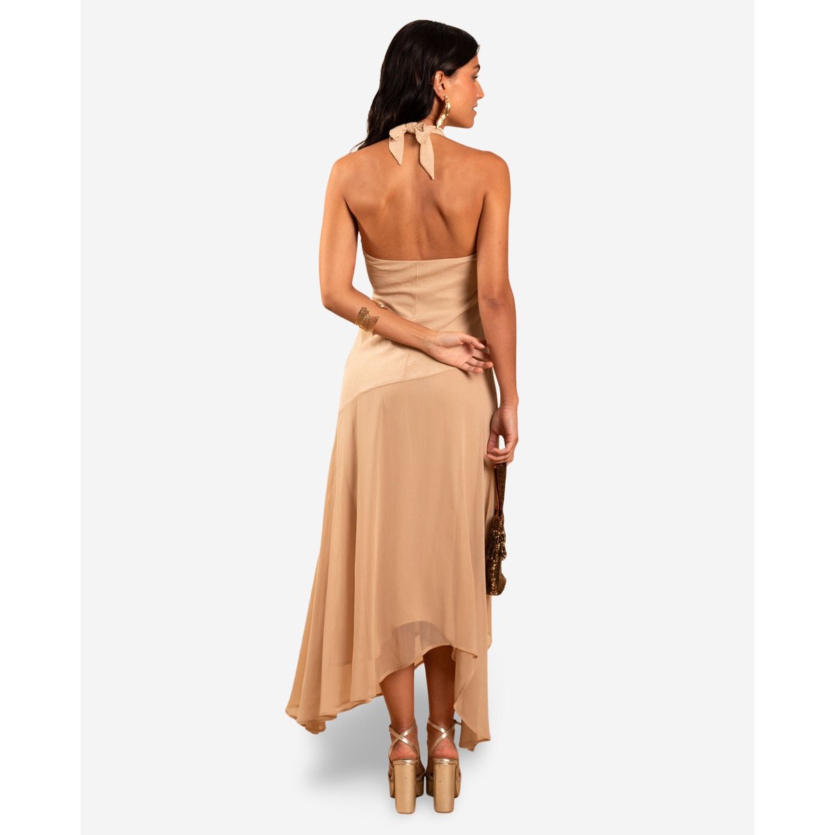 Robe midi asymétrique avec col halter beige, THE-ARE