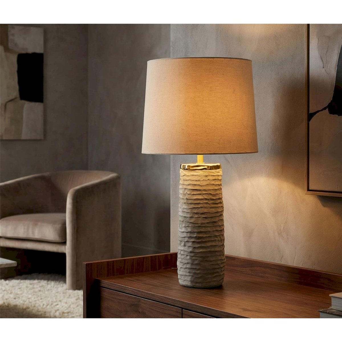 Lampe à poser céramique texturée abat-jour MODERN gris doré et beige, RECOLLECTION