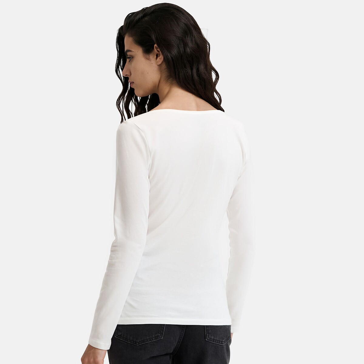 T-shirt en coton, col V, manches longues blanc, LA REDOUTE COLLECTIONS