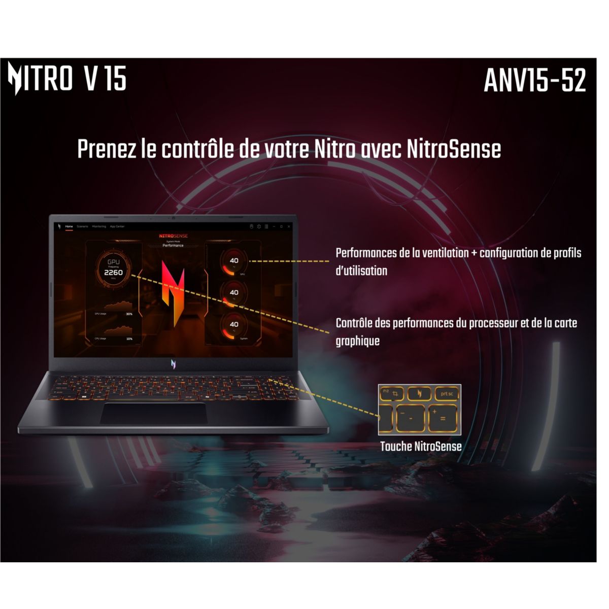 PC Gamer Nitro V15 ANV15 15,6" FHD 165Hz Intel Core 7 250H Nvidia GeForce RTX 5060 32 Go RAM DDR4 SSD 512 Go couleur unique, ACER