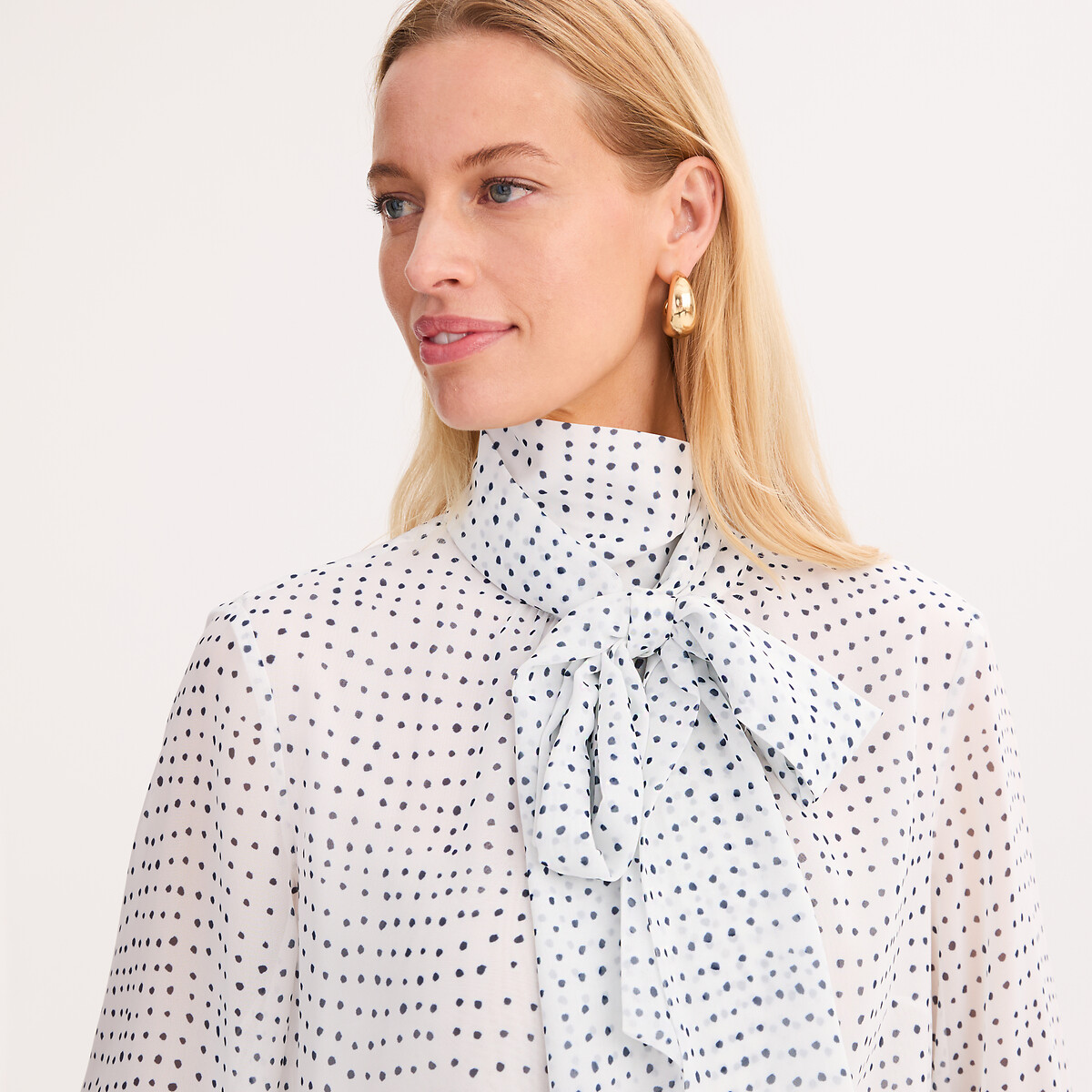 Blouse lavallière à pois manches longues imprimé pois fond blanc, ANNE WEYBURN