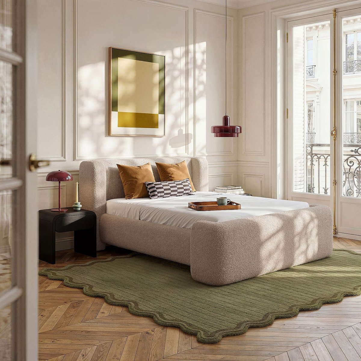 Lit en tissu bouclette OLBIA gris, HABITAT
