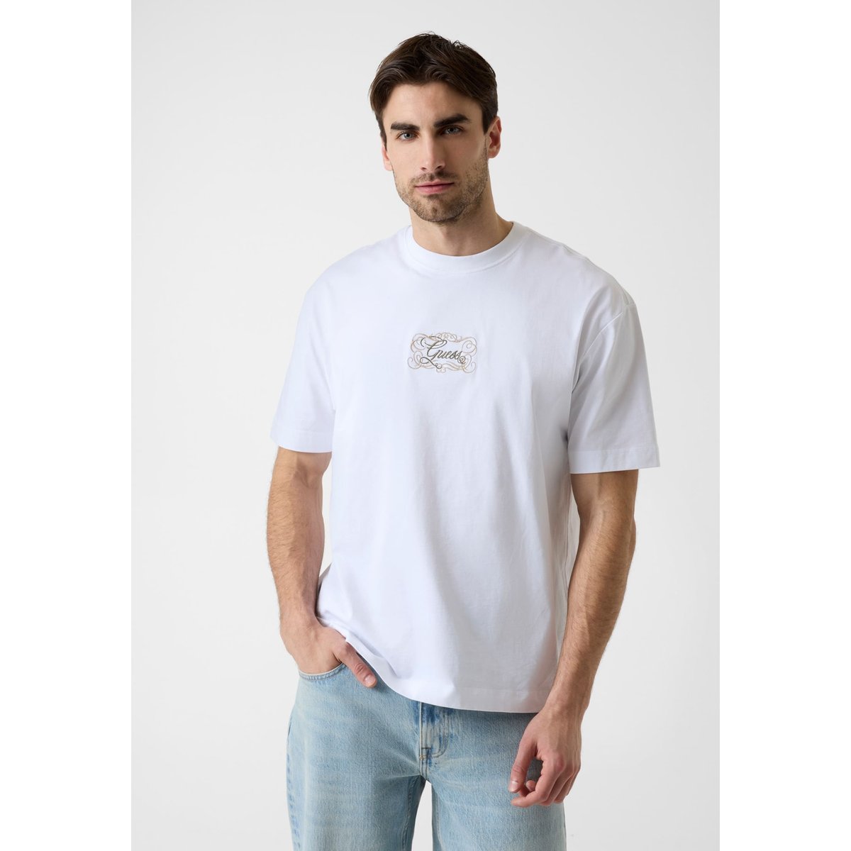 T-Shirt Avec Logo Brodé blanc, GUESS
