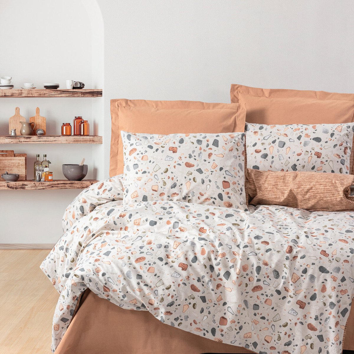 Parure housse de couette coton imprimée terrazzo, Oniks rose, C DESIGN HOME TEXTILE