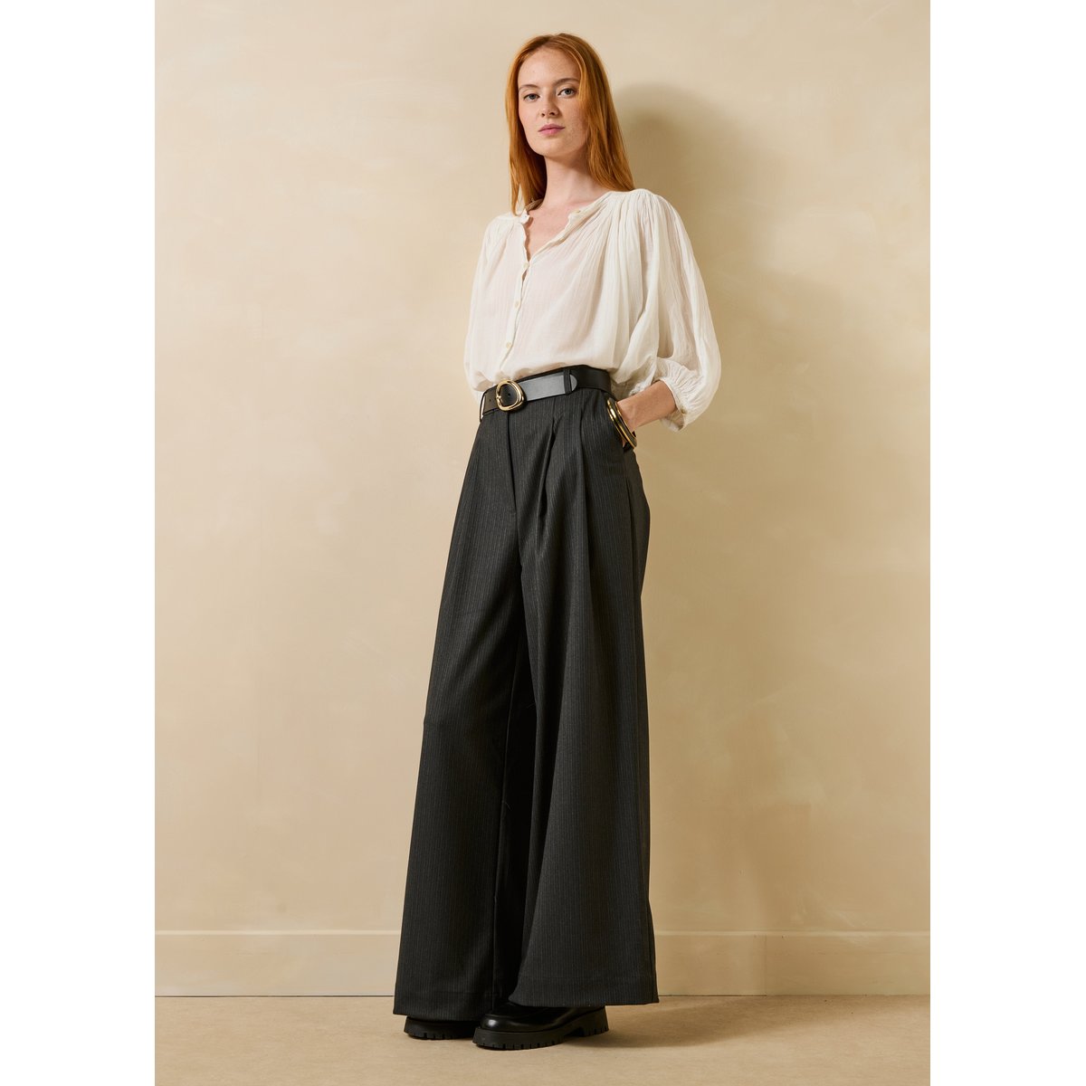 Pantalon large rayé taille haute anthracite, LA FEE MARABOUTEE