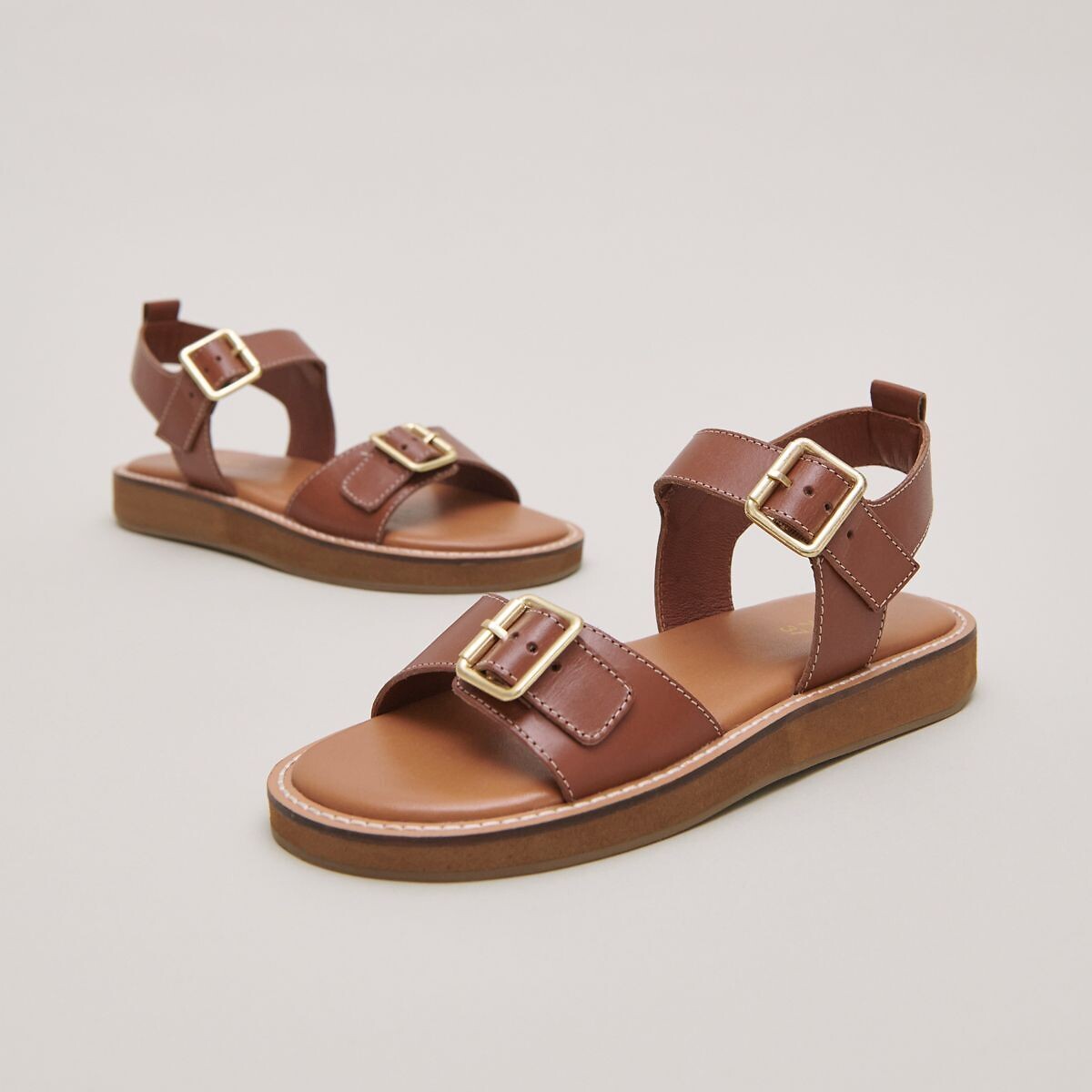 Woma Leather Flat Sandals brown, JONAK