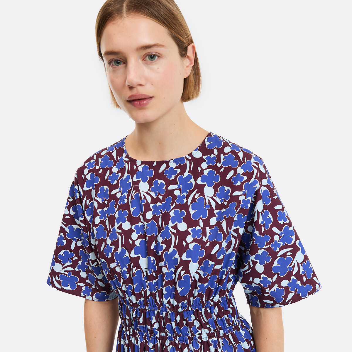 Robe évasée, imprimé floral, longue, manches courtes imprimé fond marron, LA REDOUTE COLLECTIONS