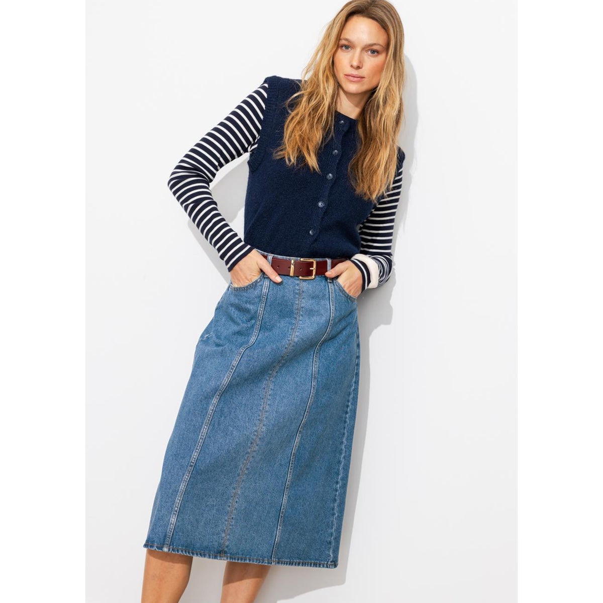 Jupe midi évasée en jean jean moyen, PROMOD