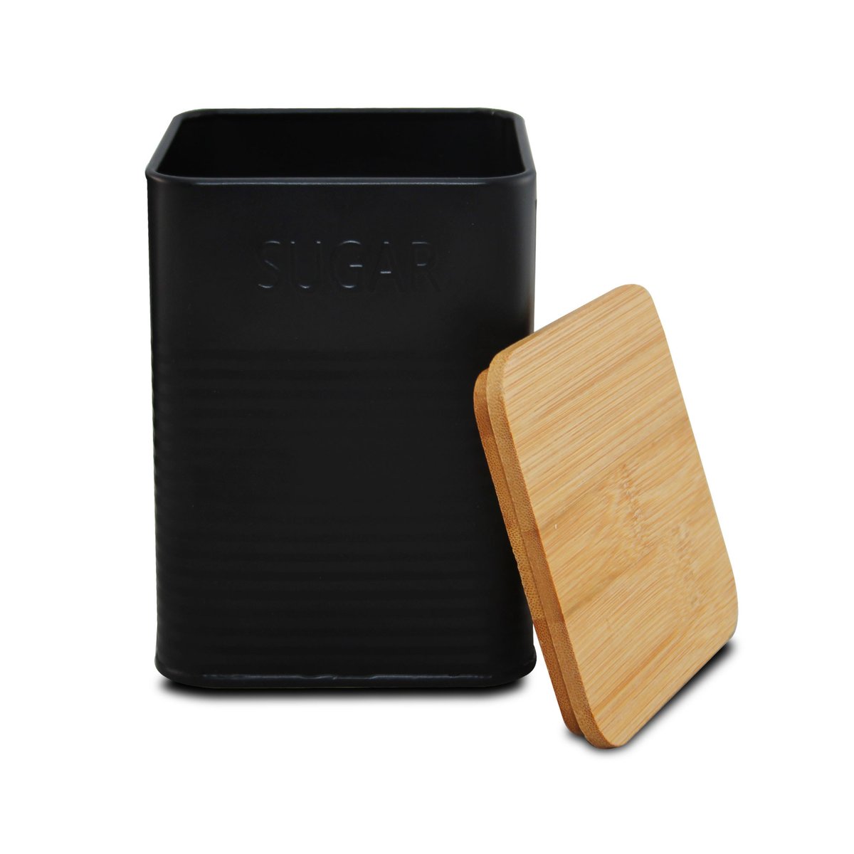 Set de 3 boîtes carrées de cuisine en métal noir et bambou café, thé, sucre noir, WADIGA