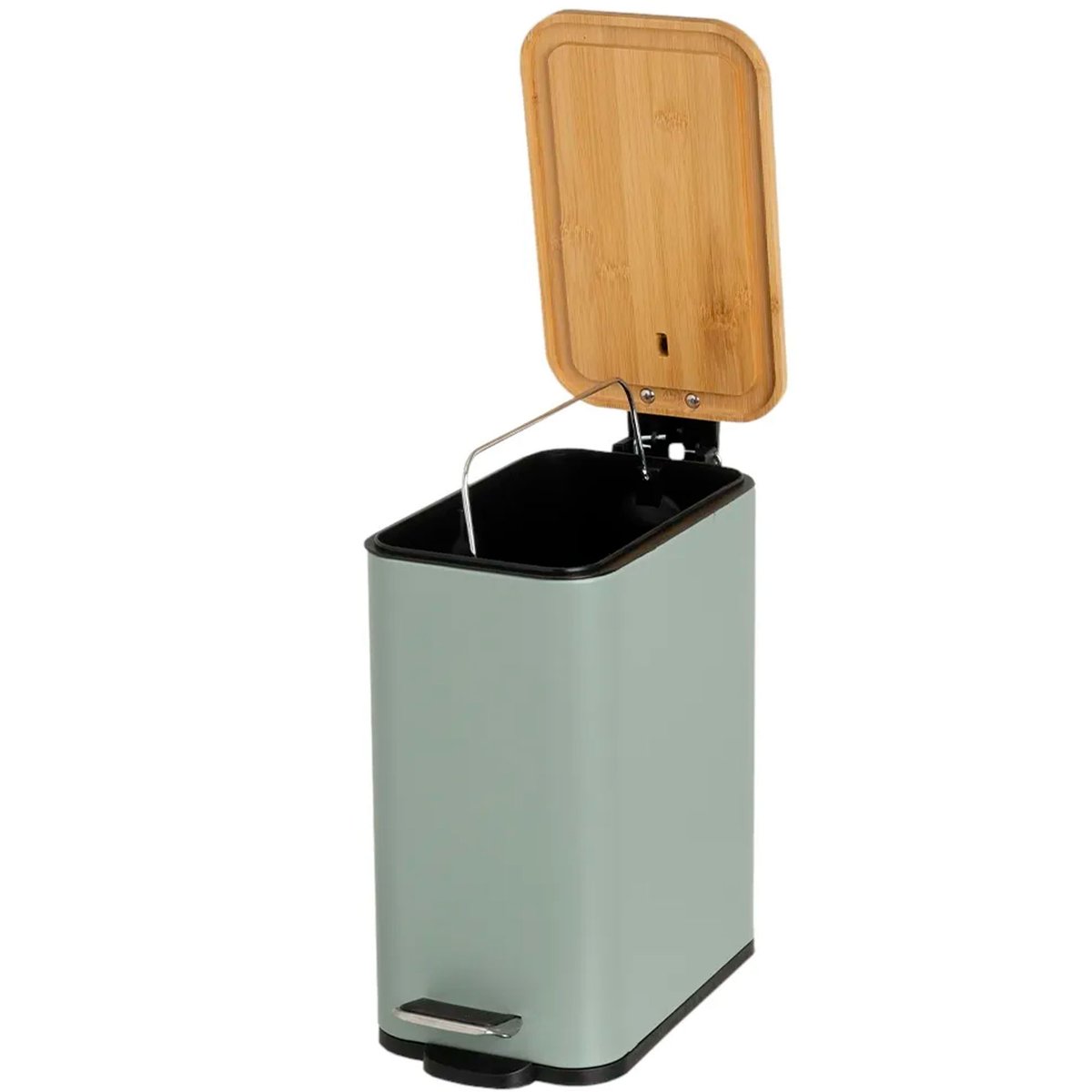 Poubelle de salle de bain rectangulaire métal vert sauge et bambou 5L vert, WADIGA