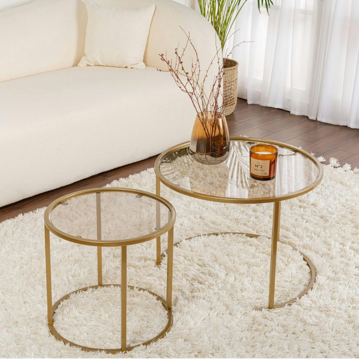 Table gigogne verre ambré - cadre doré (lot de 2) ⌀60 cm TULUM doré, PIER IMPORT