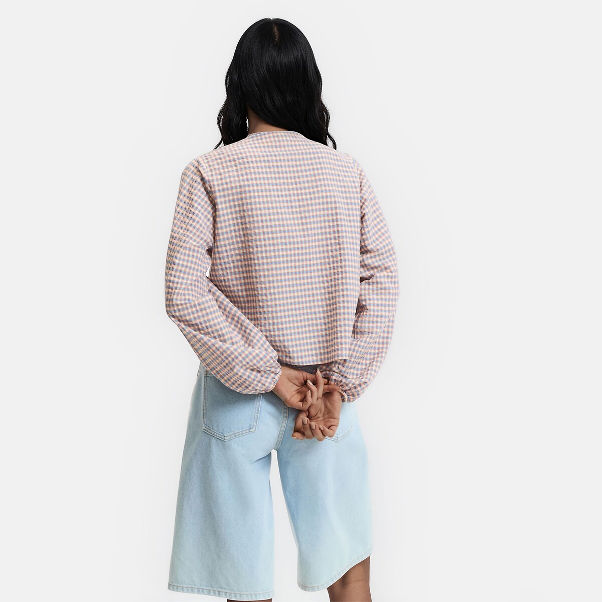 Checked Tie-Front Blouse with V-Neck checked pink/blue , LA REDOUTE COLLECTIONS