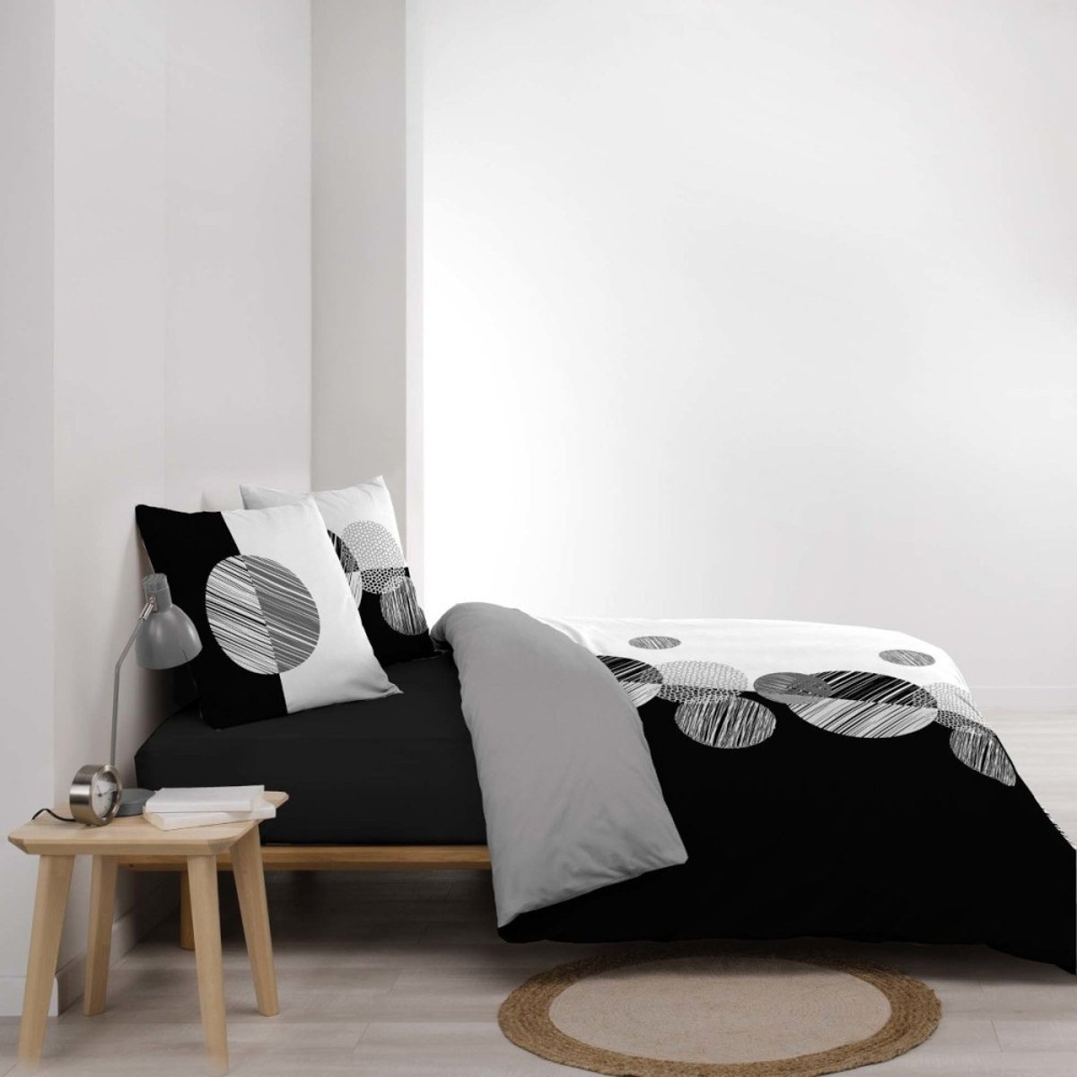 Housse de couette 2 personnes + 2 taies 100% coton 57fils Noir et blanc noir, DECORATIE