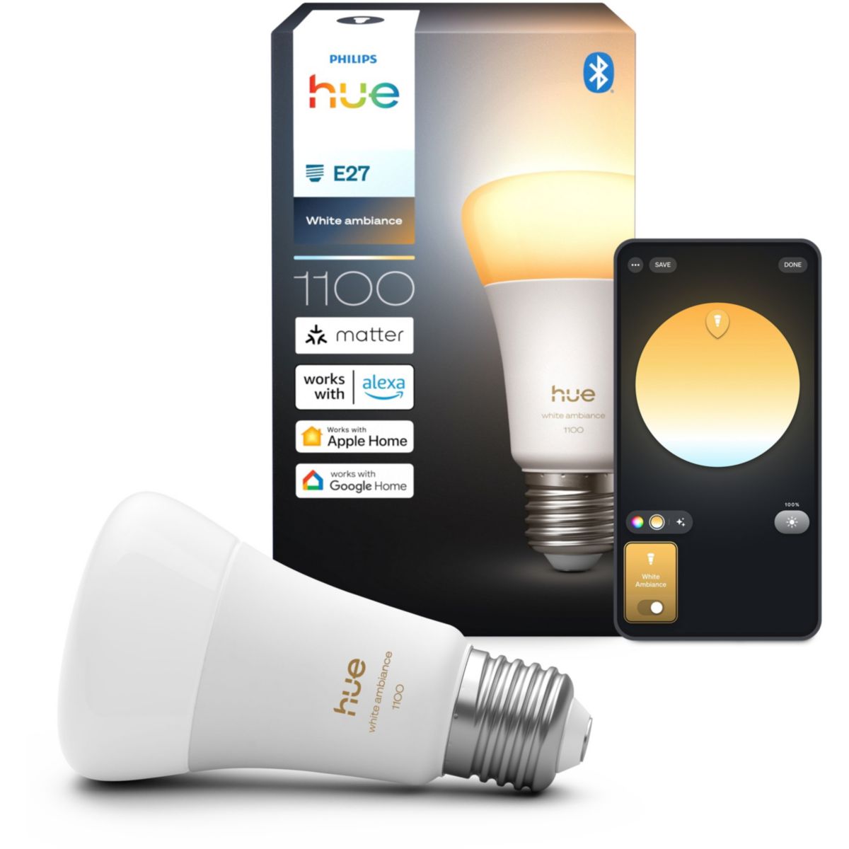 Ampoule LED connectée E27 White Ambiance 75W couleur unique, PHILIPS HUE