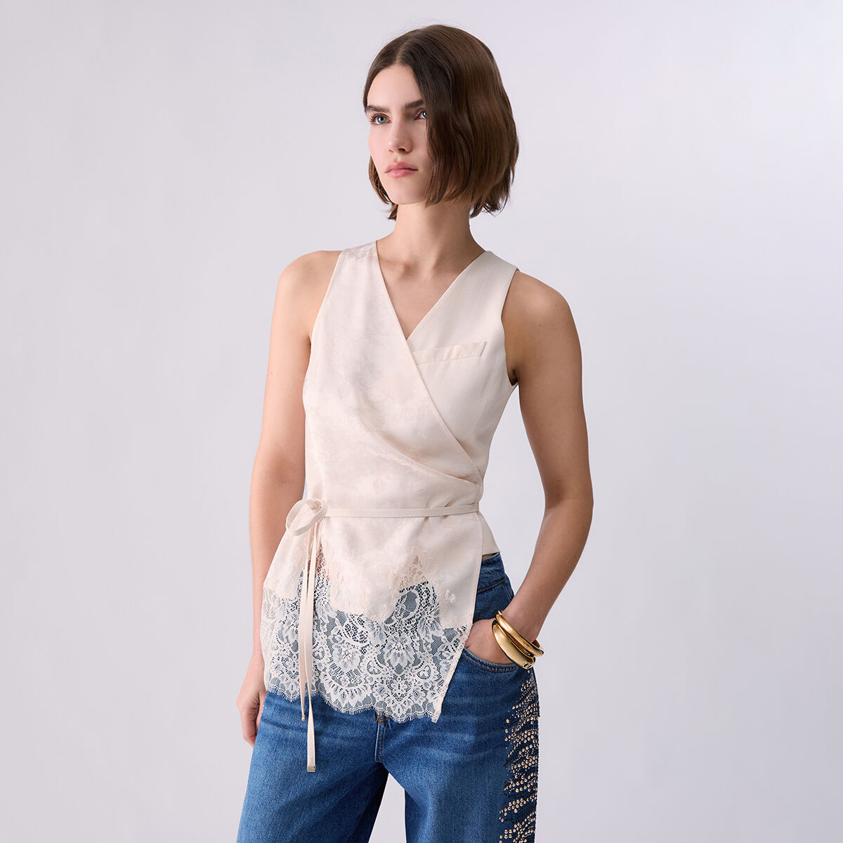 Top en jacquard avec détails en dentelle crème, LIU JO