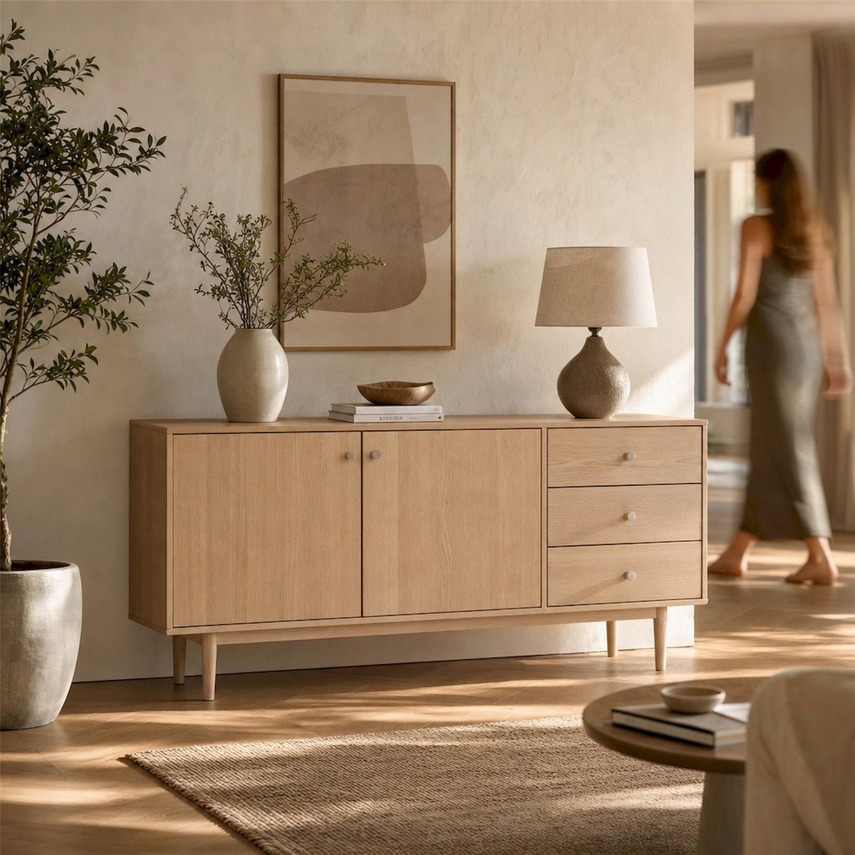 Commode style scandinave collection DORCHIS chêne clair pigmenté blanc, RECOLLECTION