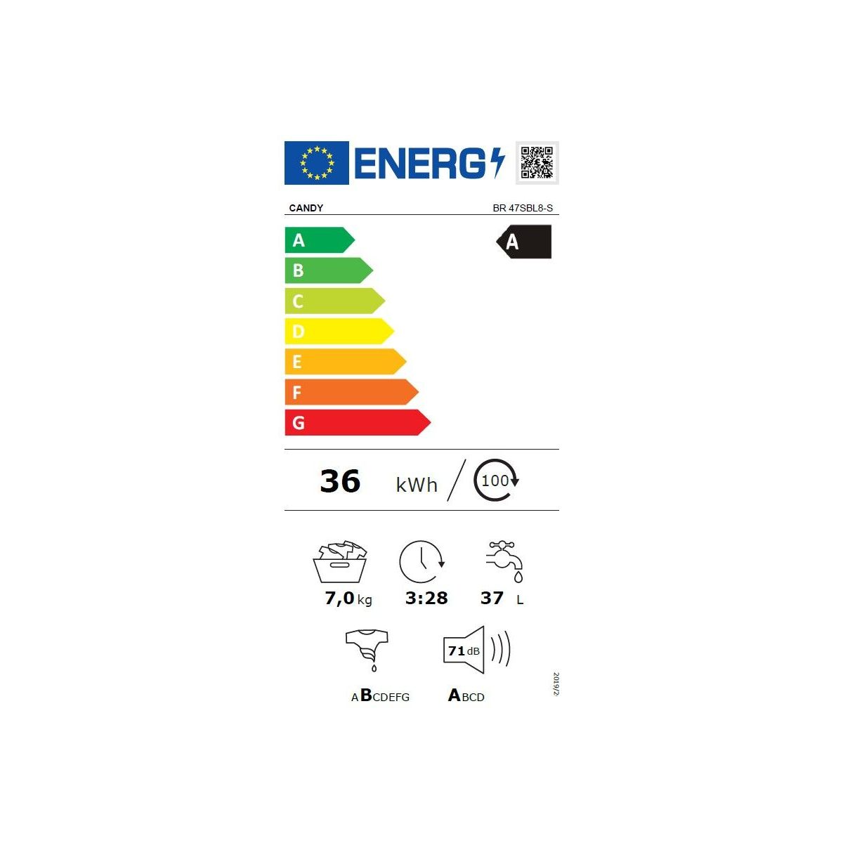 Lave linge hublot BR 47SBL8-S - 7 kg - 1400 tr/min - Classe A - Moteur induction - Connecté wifi couleur unique, CANDY