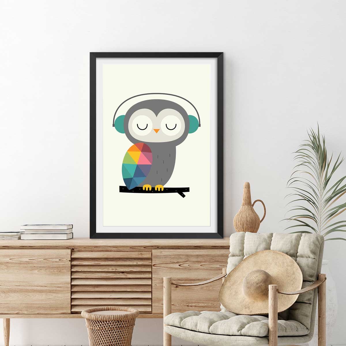 Affiche hibou music affiche + cadre en bois - noir, HEXOA