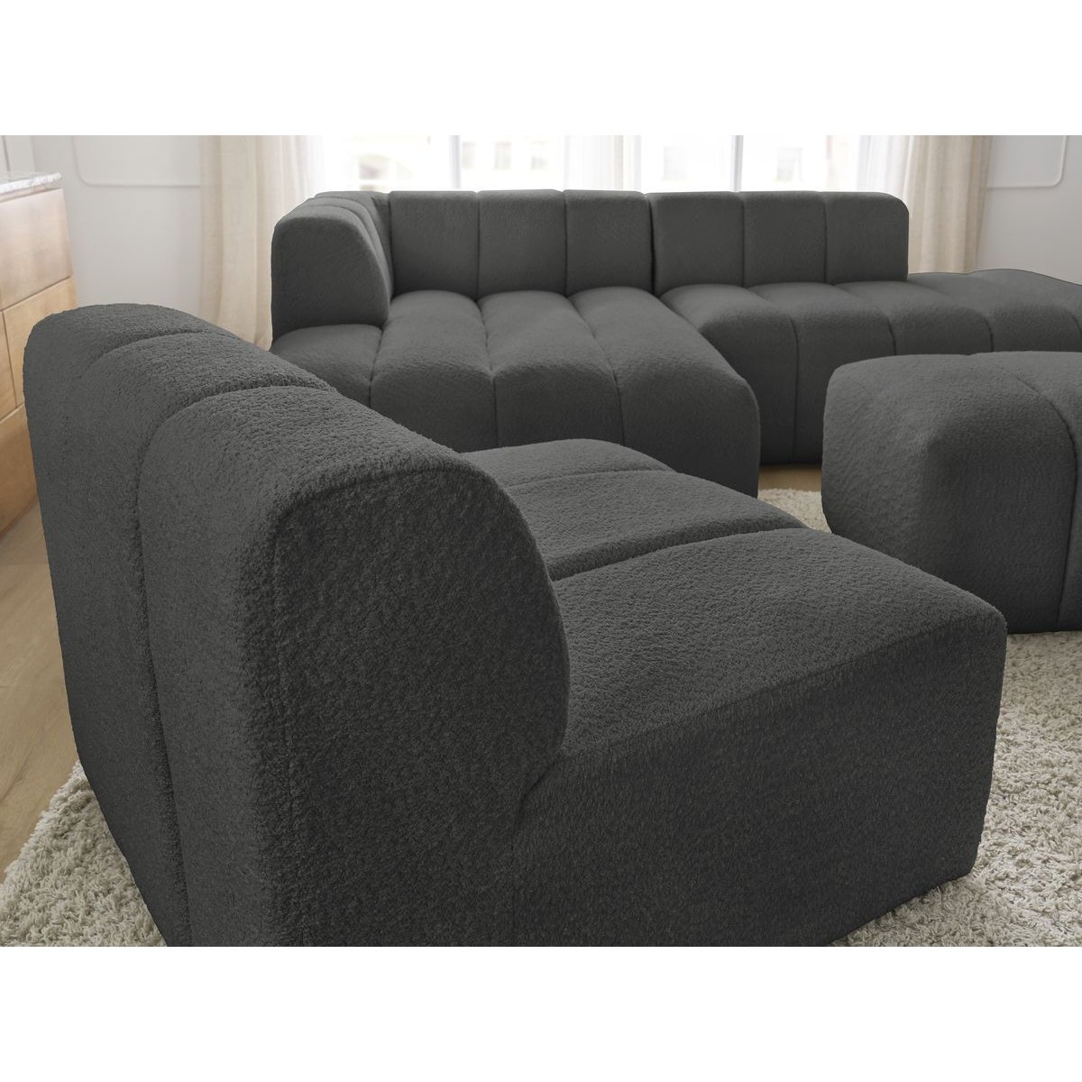 Canapé modulable 5 places en tissu bouclette, ANNECY gris foncé, BOBOCHIC