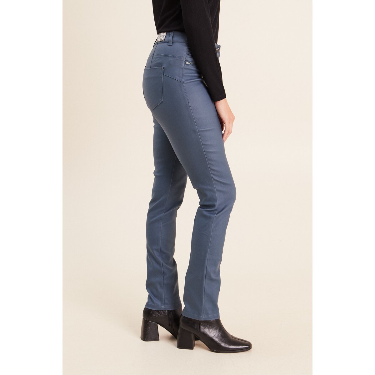 Pantalon enduit ajusté taille basculée bleu foncé, BREAL