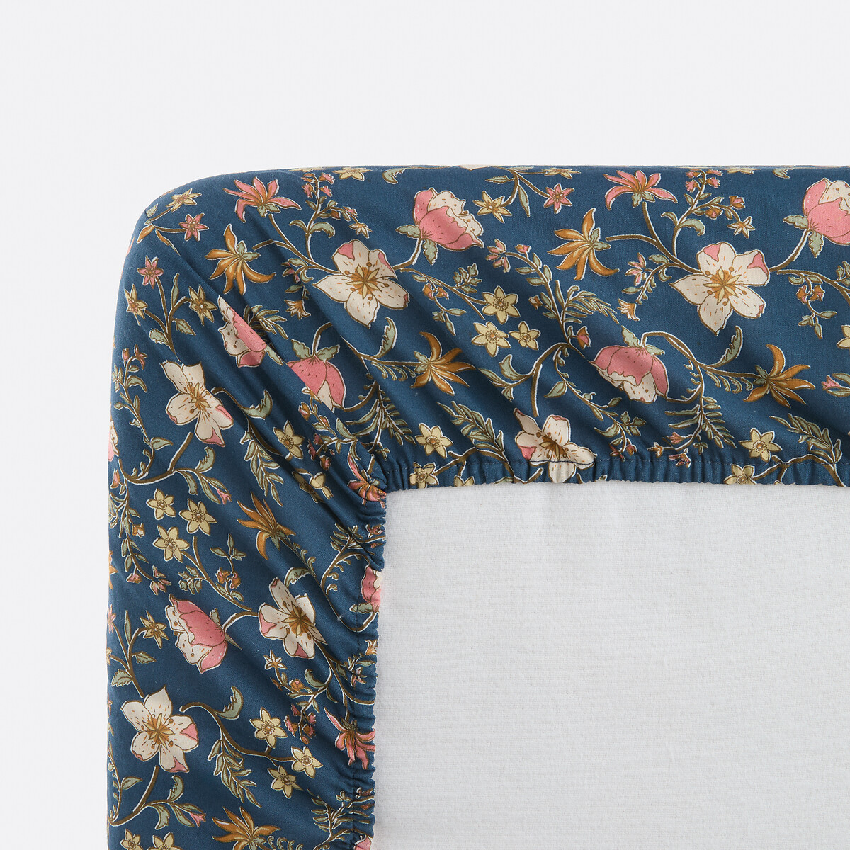 Drap-housse 30% coton recyclé bon. 25 cm, Jasmine imprimé fond bleu, LA REDOUTE INTERIEURS