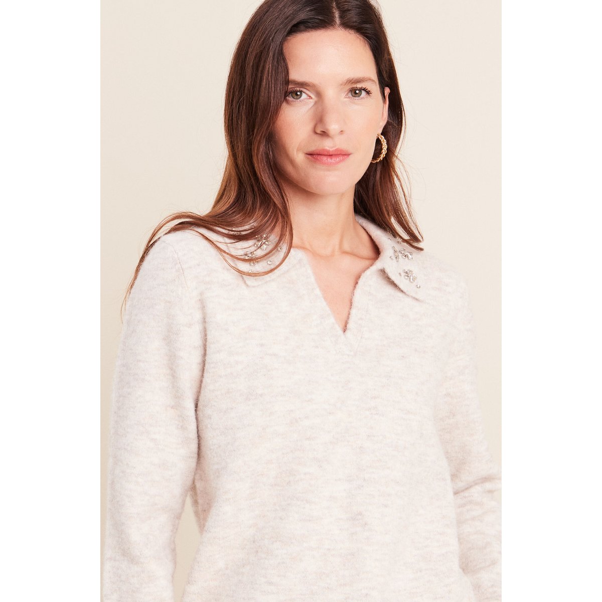 Polo manches longues col chemise beige, BREAL