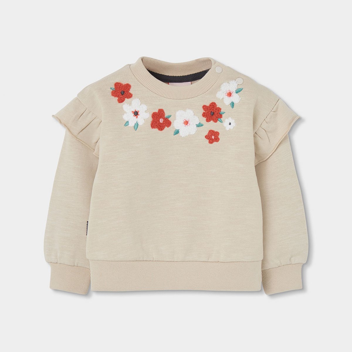 Sweat-shirt molleton fille brodé fleurs beige, BOBOLI