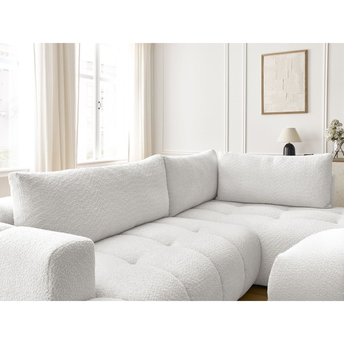 Canapé d'angle convertible 4 places en tissu bouclette avec pouf, FUJI blanc, BOBOCHIC