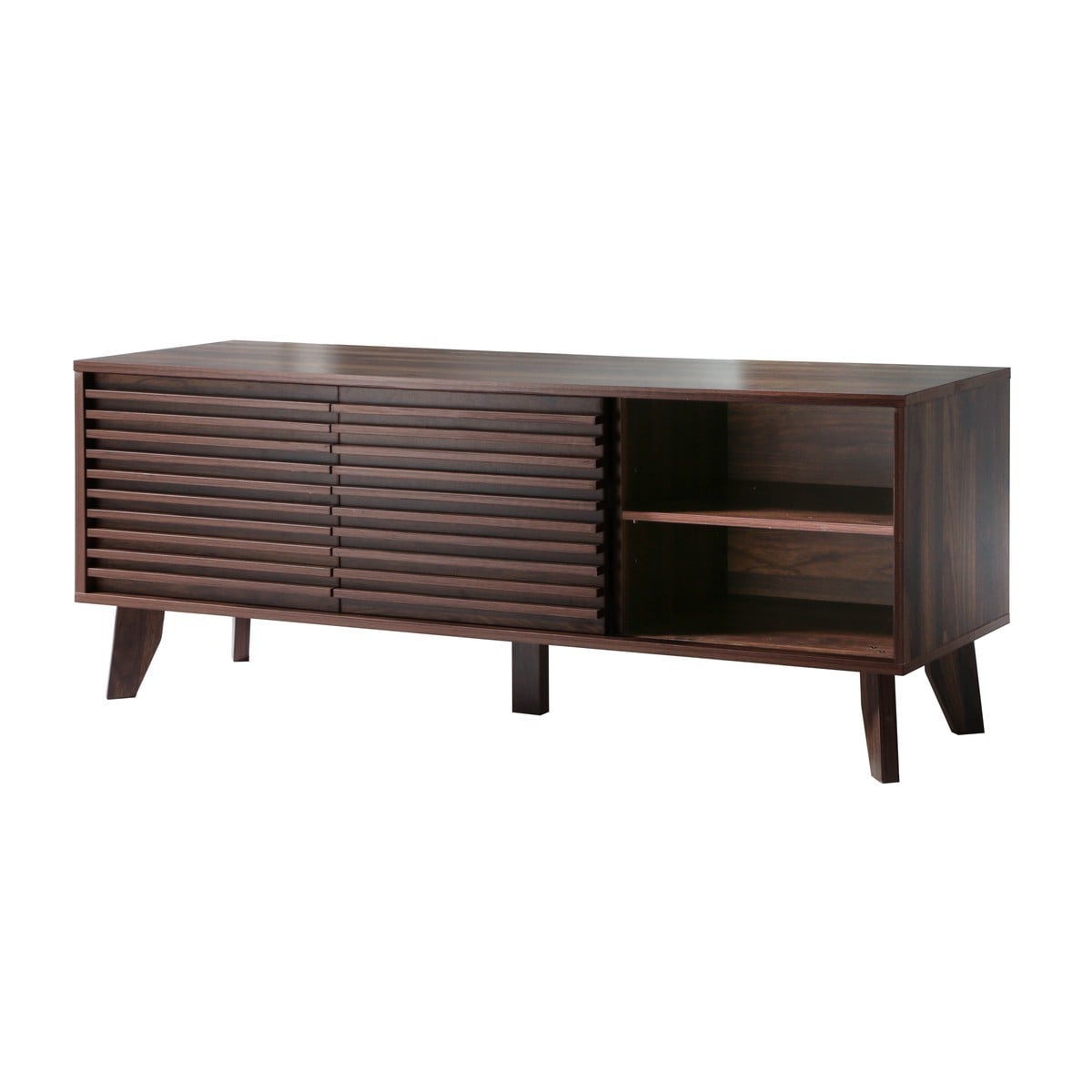 Meuble TV portes coulissantes Façades Effet Bois Rainuré L135 cm - FRIBOURG bois foncé, CALICOSY