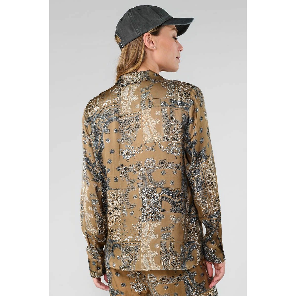 Paisley Print Satin Blouse with Tailored Collar beige print, LE TEMPS DES CERISES