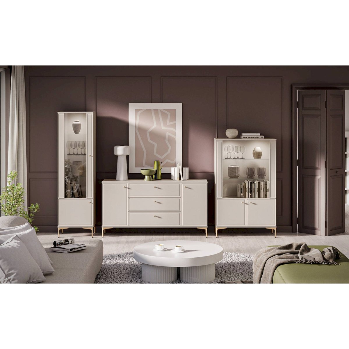 Vitrine 4 portes éclairage LED SANDRO beige cachemire et doré, RECOLLECTION