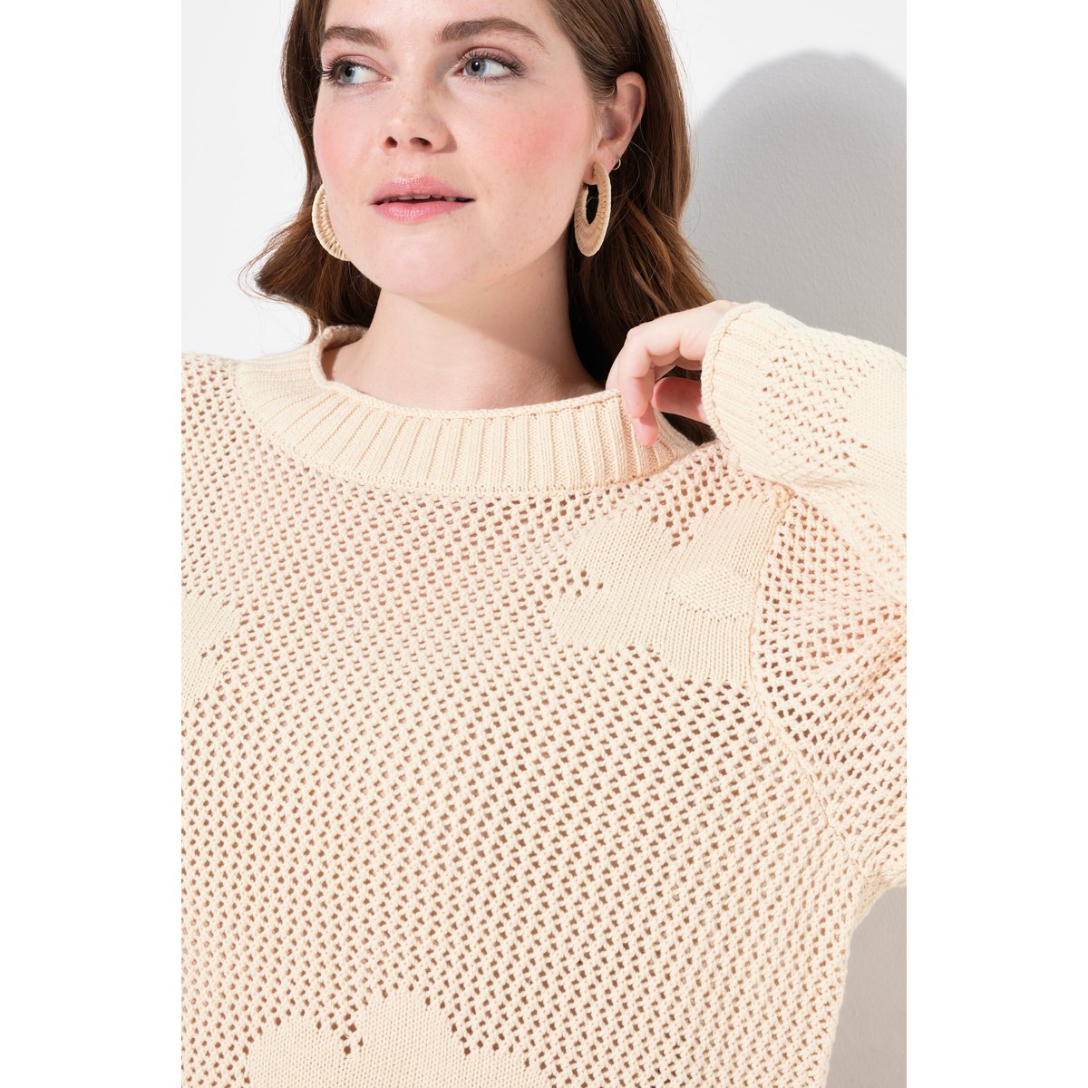Pull, maille ajourée, col rond blanc perle, ULLA POPKEN
