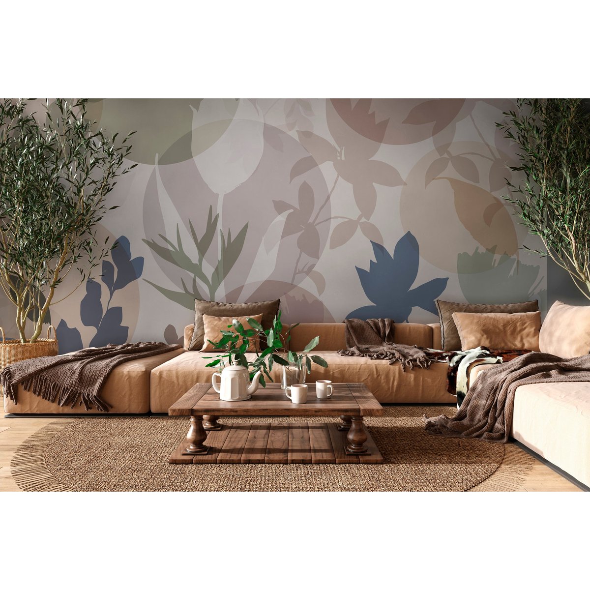Papier peint panoramique Shadow XL - feuillages XXL, tons marron et vert sauge marron, vert sauge, bleu, LE PAPIERS DE NINON