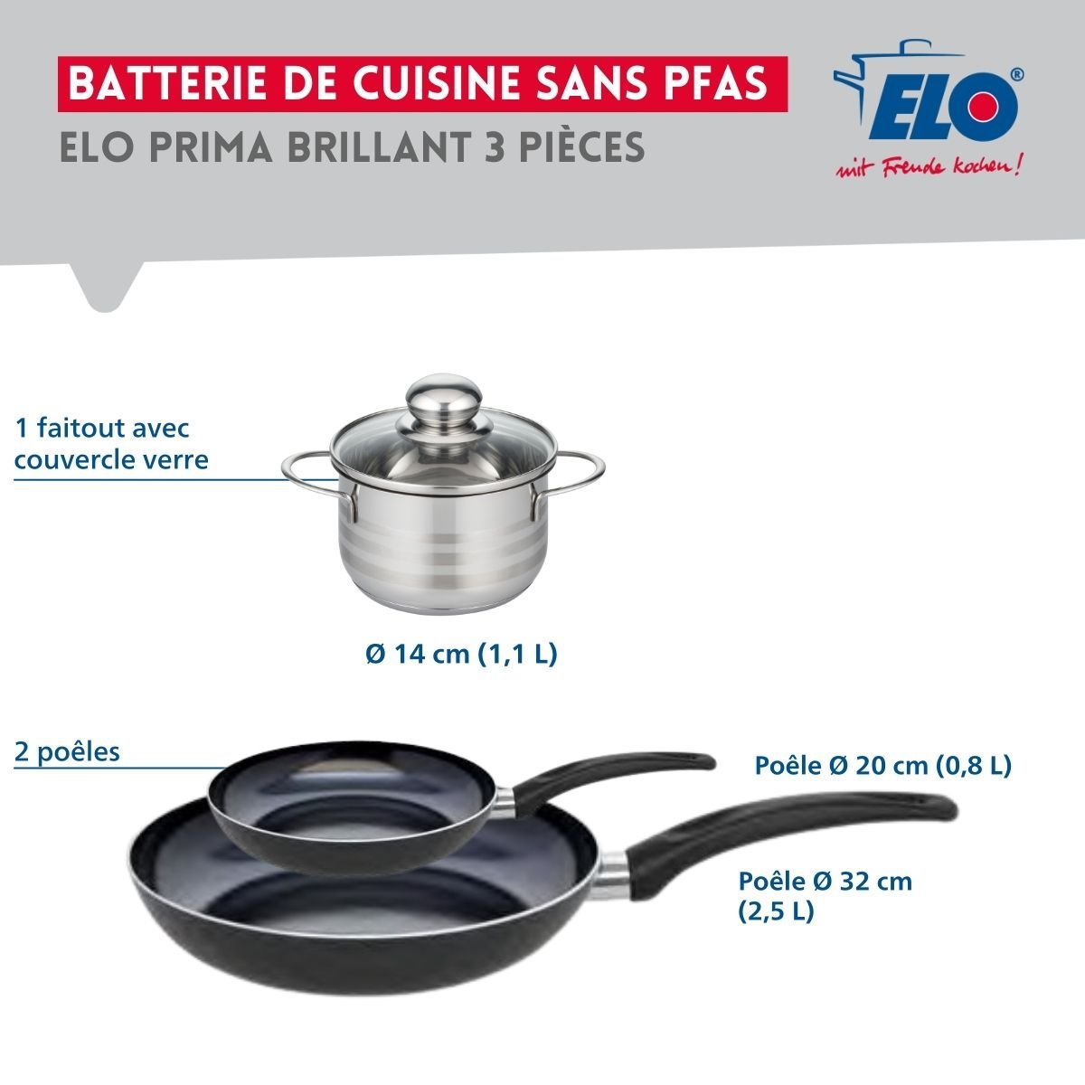 Batterie 2 poêles 20/32cm + 1 faitout 14cm PRIMA BRILLANT noir, ELO
