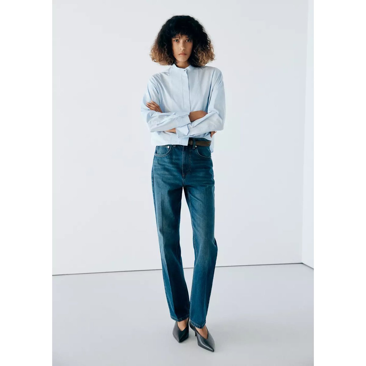 Blouse coton courte bleu, MANGO