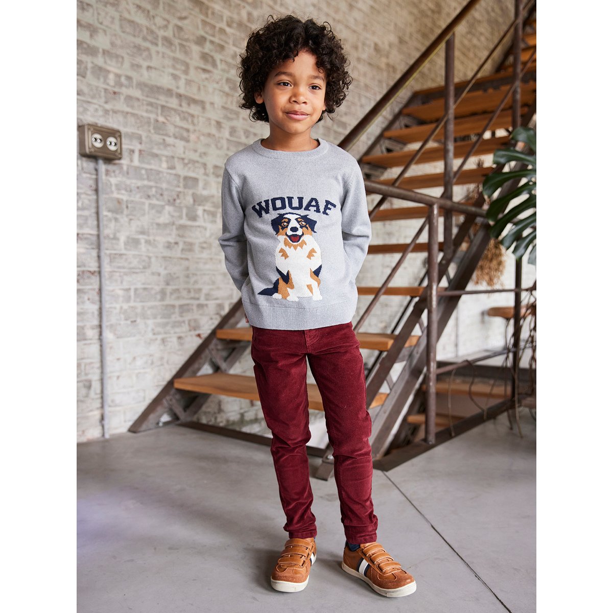 Pantalon slim velours bordeaux, VERTBAUDET