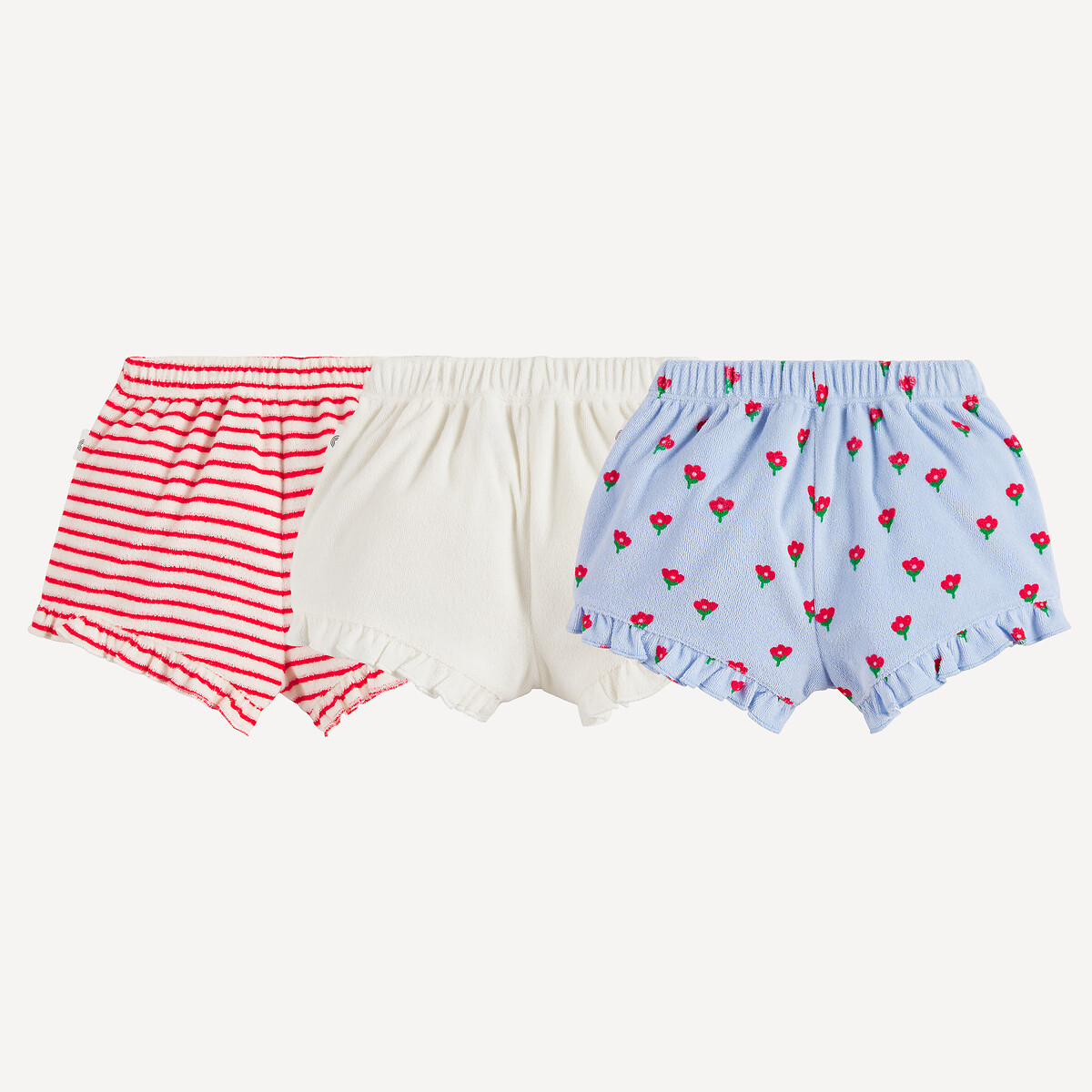 Lot de 3 shorts volantés en éponge, uni, rayé et imprimé fleurs assortis, LA REDOUTE COLLECTIONS