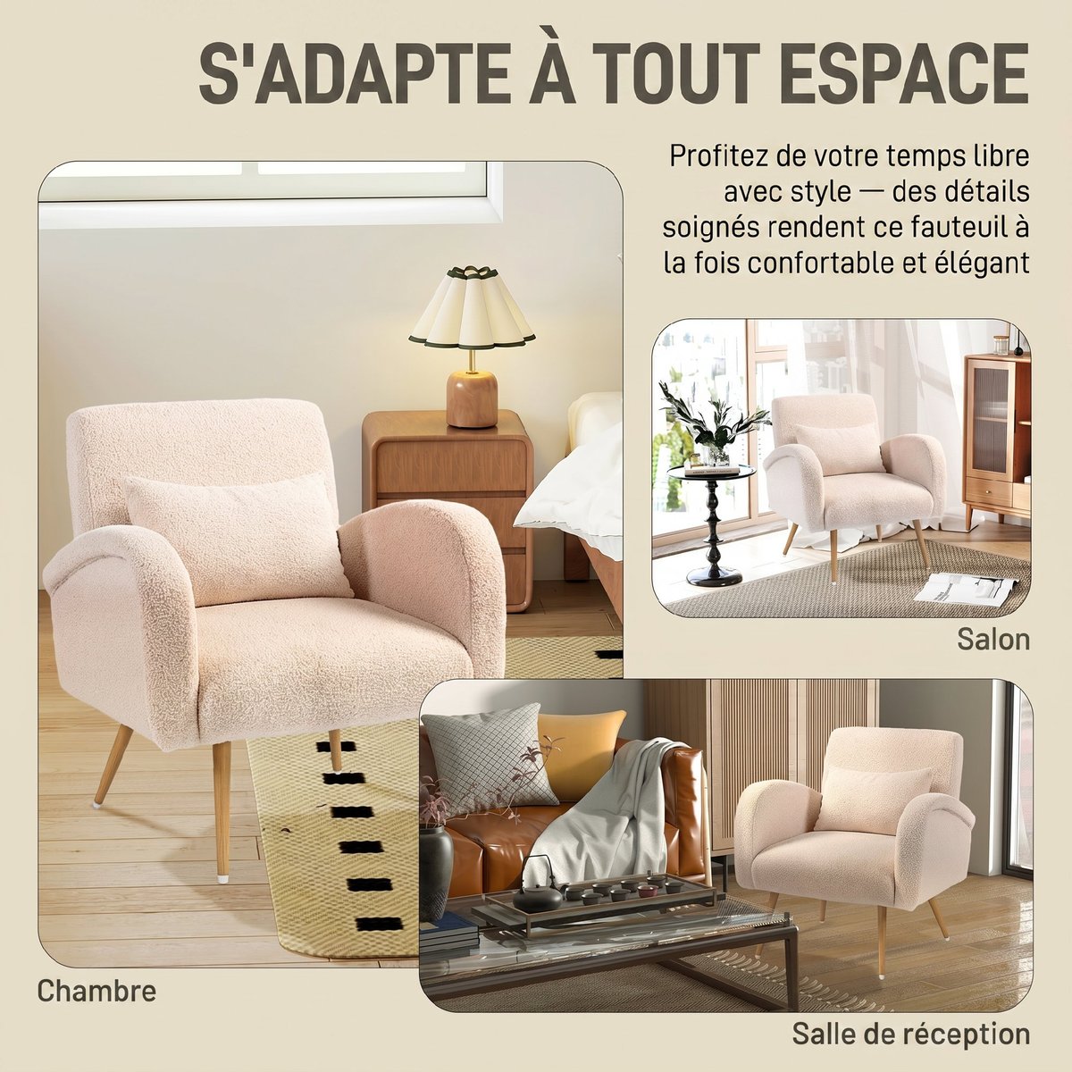 Accent Chair Tissu peluche teddy Beige beige, HOMCOM
