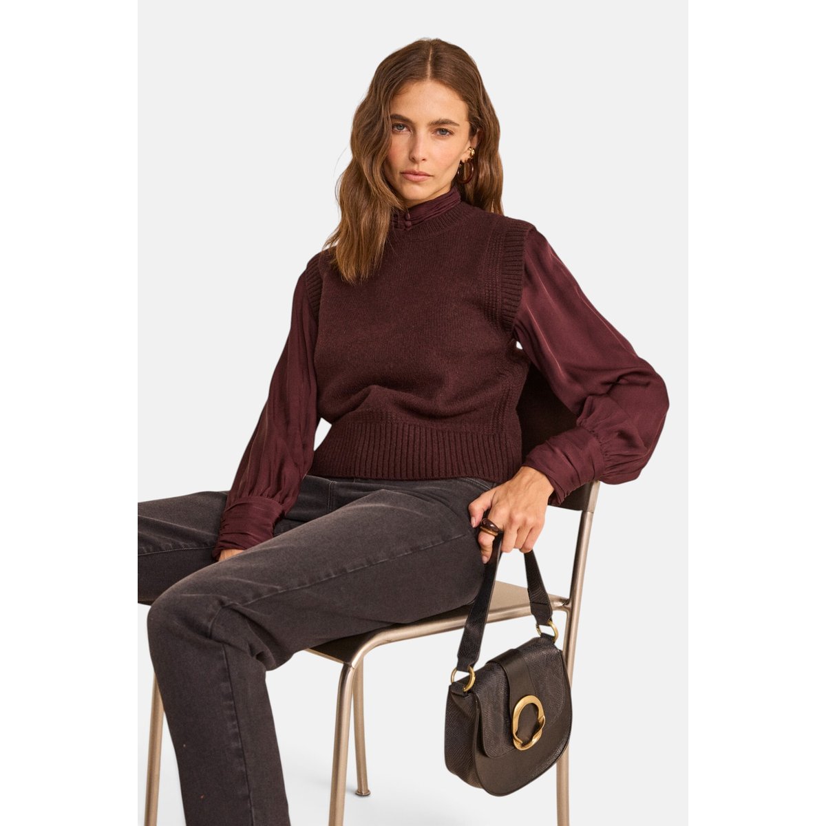 Pull sans manches en laine ANOUK aubergine, Maison 123