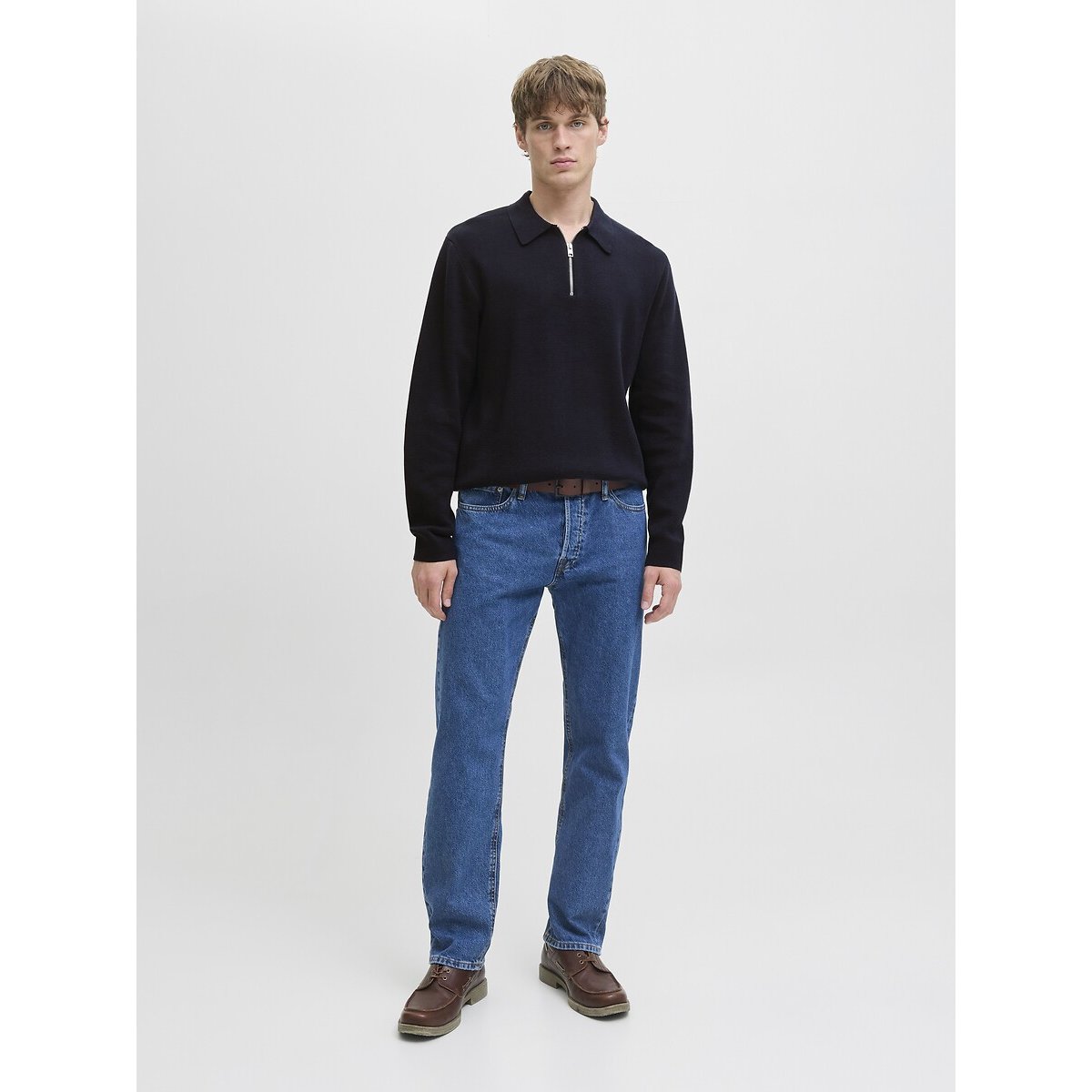 Pull collo a polo e mezza zip blu notte, JACK & JONES