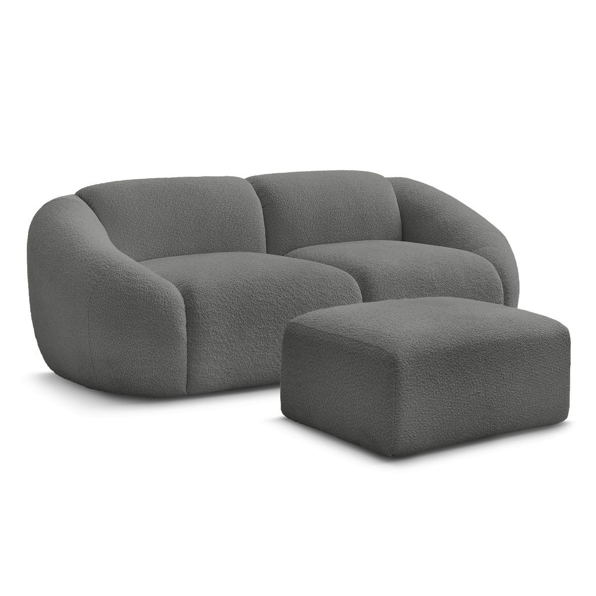 Canapé droit fixe 3 places en tissu bouclette avec pouf, TINA gris foncé, BOBOCHIC