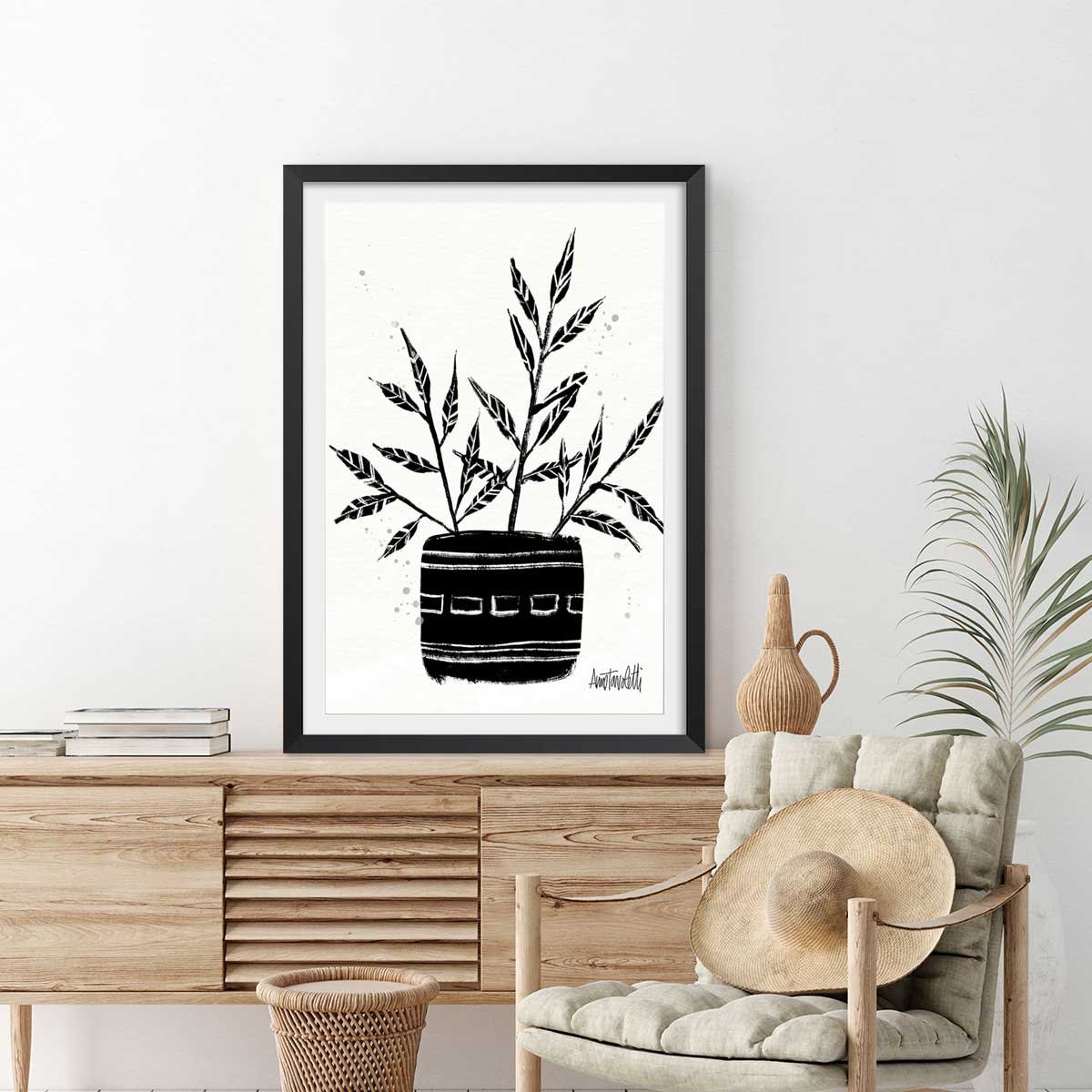 Illustration Botanique et Poterie terre cuite affiche + cadre en bois - noir, HEXOA