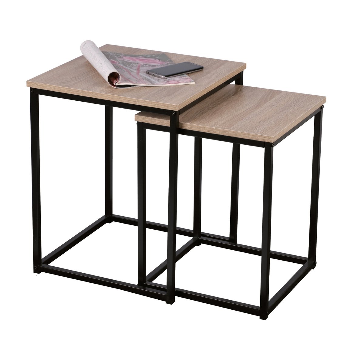 Set de 2 Tables d'Appoint Gigognes en Bois et Métal Noir - 40x40x50cm noir, WADIGA